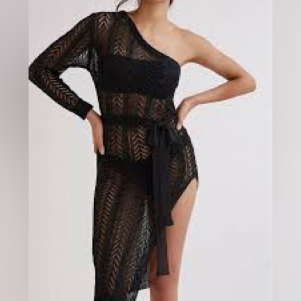 Anthropologie Black Lace One-Shoulder Dress